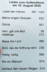 Lieder zum Gottesdienst 16 August 2020